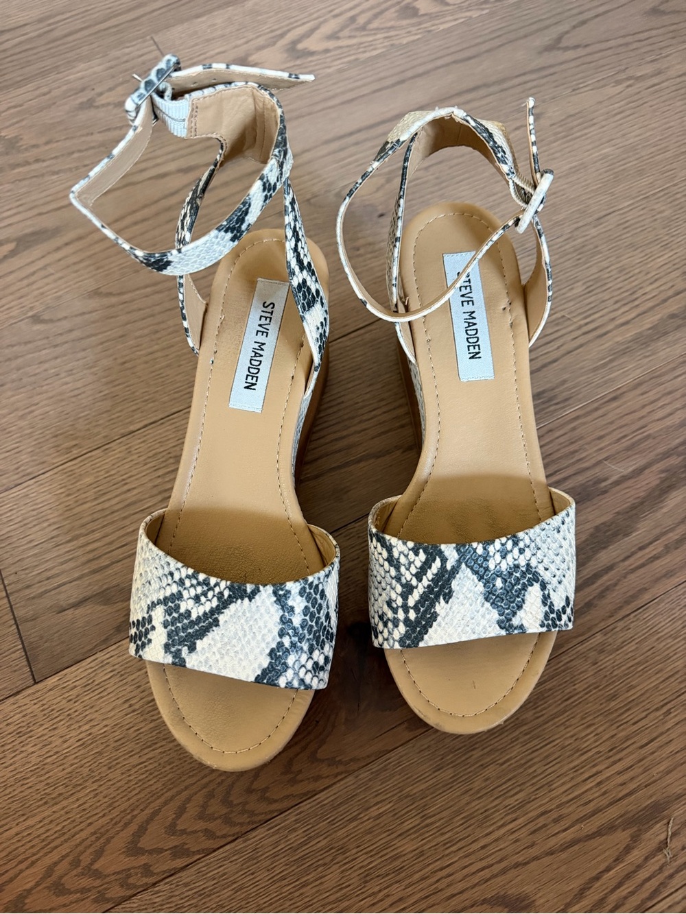 Steve Madden Black & White Snake-Print Ankle Strap Heels